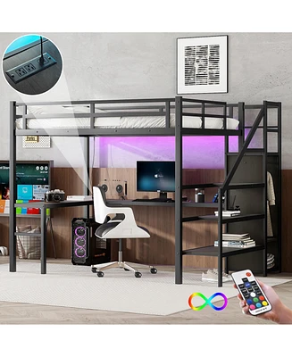 Full Xl Size Loft Bed with L-shaped Desk and Usb, Metal Loft Bed with Wardrobe and Adjustable Shelf, High Loft Bed with Led for Kids Teens Adults, Bla