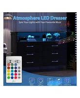 Dresser For Bedroom With Led Light & Charging Station, 6 Wooden Drawers Dressers 2-Tier Open Shelves, Modern Chest Of Double Wide Liv