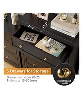 5 Chest Of Drawer Dresser, Modern Tall Nightstand With Deep Drawers And Nickel Round Handle, Wood Organizer Storage Cabinet For Bedroom, Living Room,