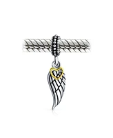 Bling Jewelry Two Tone Heart Dangle Charm Bead with Angel Wing Feather Bracelet