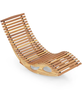 Gouun Acacia Wood Patio Rocking Sun Lounger Chaise Lounge with Ergonomic Curved Seat