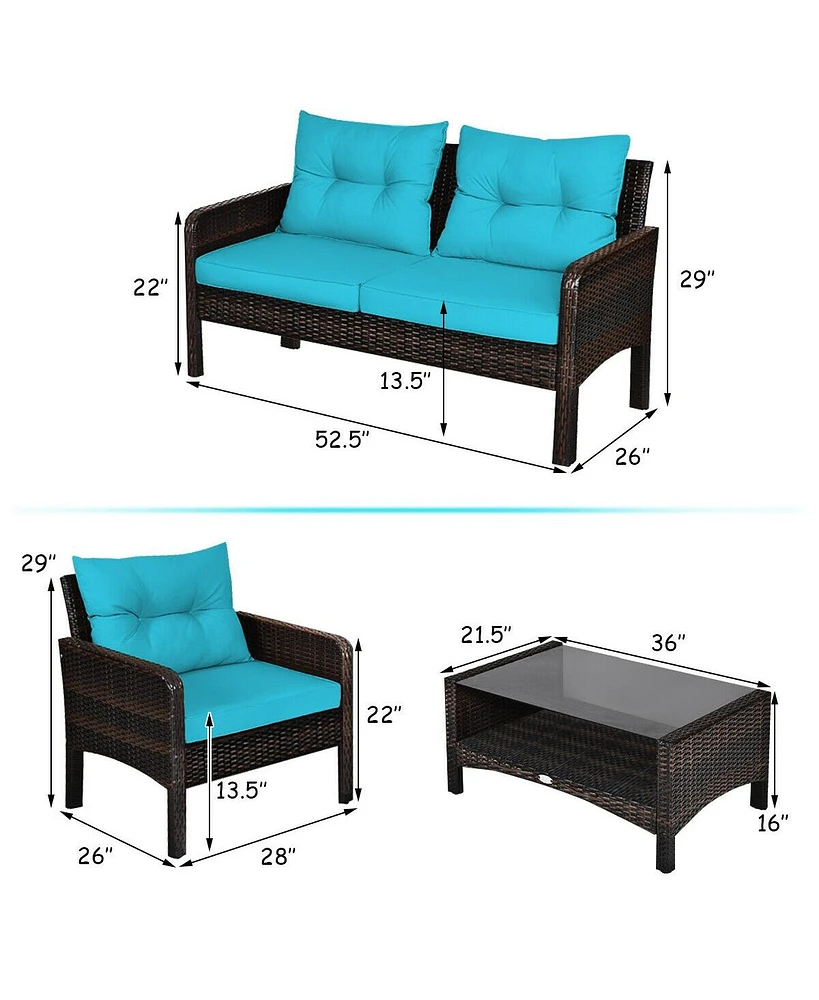 4 Pieces Outdoor Rattan Wicker Loveseat Furniture Set with Cushions