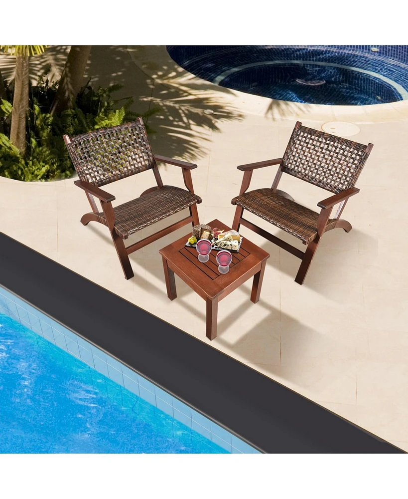 3 Pieces Outdoor Wooden Patio Rattan Furniture Set