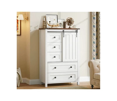 Dresser, 5 Drawers Dresser for Bedroom with Sliding Barn Door, Adjustable Shelf, Farmhouse Tall Chest of Drawer, Storage Organizer Dresser for Hallway