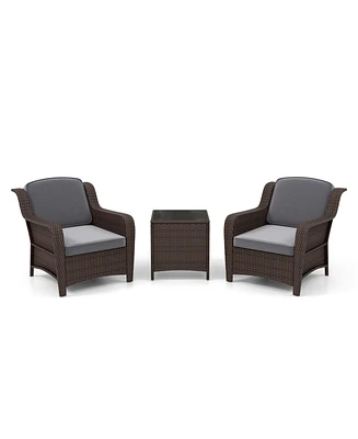 3 Pieces Outdoor Rattan Furniture Set with Cushions and Tempered Glass Table