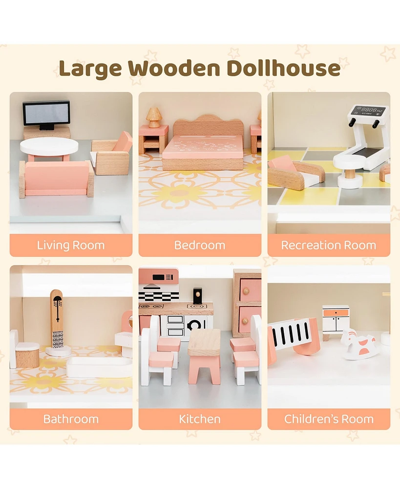 Gymax Wooden Corner Dollhouse Playset w/ 41 Pieces of Furniture and Accessories