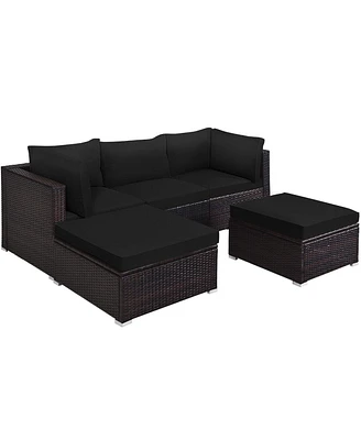 5 Pieces Patio Rattan Sofa Set with Cushion and Ottomans