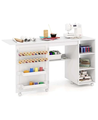 Folding Sewing Table with Storage Shelves 2 Storage Bins & 18 Pegs Lockable Casters