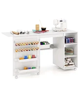 Folding Sewing Table with Storage Shelves 2 Storage Bins & 18 Pegs Lockable Casters