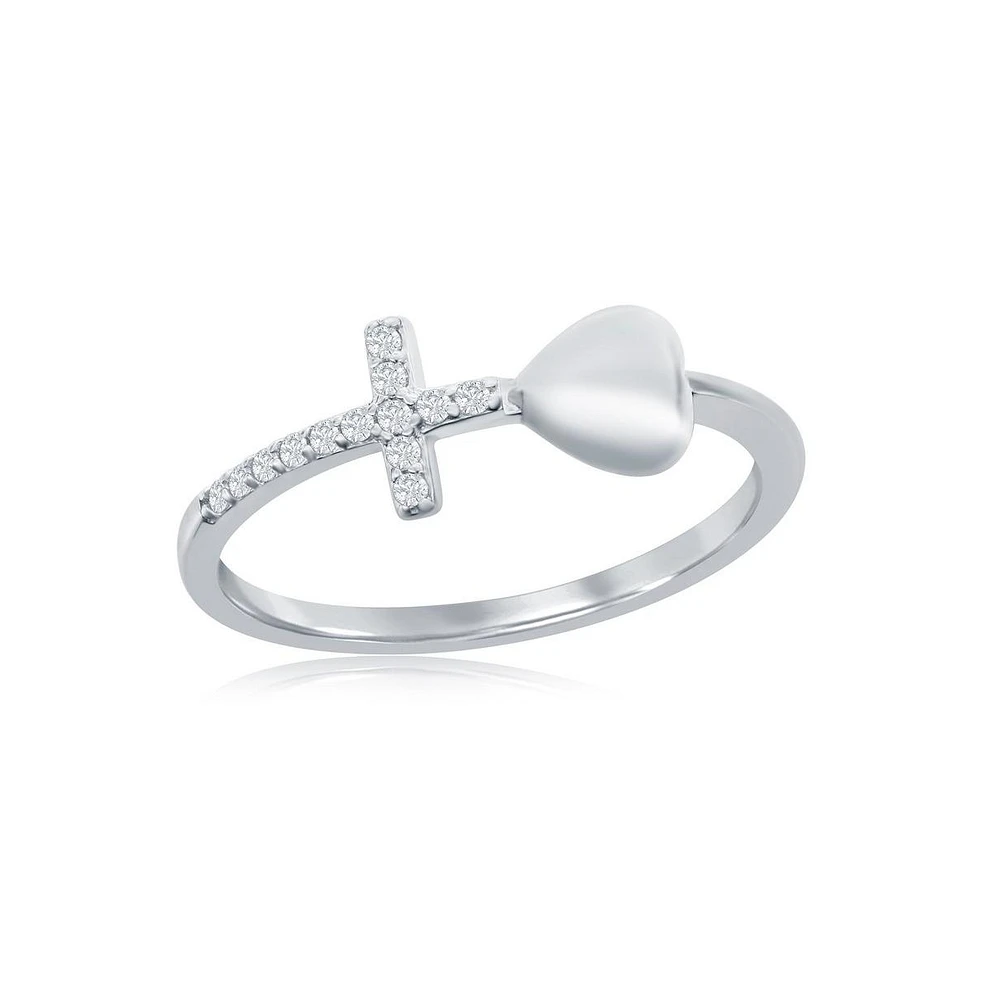 Simona Sterling Silver Heart & Cz Cross Ring