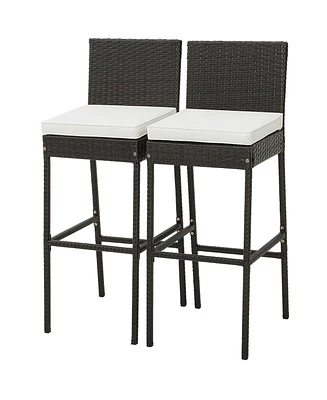 2 Pcs Patio Wicker Barstools Bar Height Chairs W/ Cushions Backyard