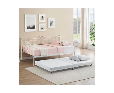 Twin Daybed with Trundle, Modern Pull Out Day Bed Frame with Vintage Headboard, Metal Daybed with Sturdy Slat Support, for Small Spaces, Kids Room, Li
