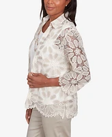 Alfred Dunner Women's Coming up Roses Medallion Lace Two in One Top with Necklace