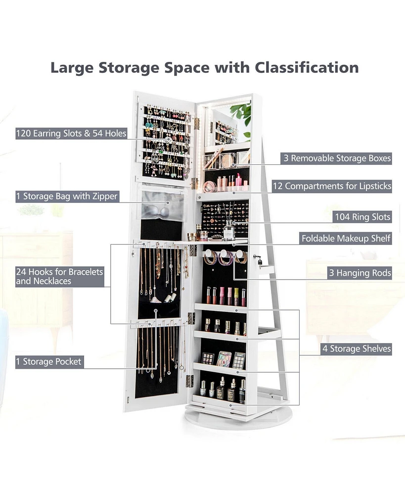 Gouun 360 Rotating Mirrored Jewelry Cabinet Armoire 3 Color Led Modes Lockable