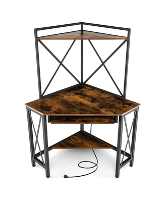 Gouun Space-Saving Corner Computer Desk with with Hutch and Keyboard Tray-Rust