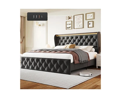 gaomon Queen Led Bed Frame with Charging Station, Velvet Upholstered Platform Bed Frame with Button Wingback Headboard, Metal Frame with No Box Spring
