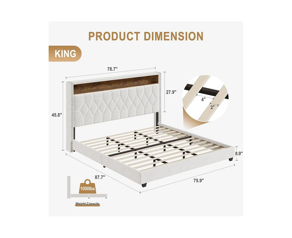 gaomon King Size Bed Frame with Led Lights and Charging Station