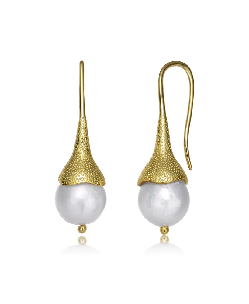 Sterling Silver 14K Gold Plated with Genuine Freshwater Pearl Hook Earrings