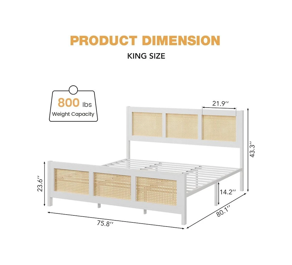 gaomon King Size Rattan Bed Frame with Headboard, White Boho Cane Platform Bed Frame with Strong Metal Slat, Noise Free