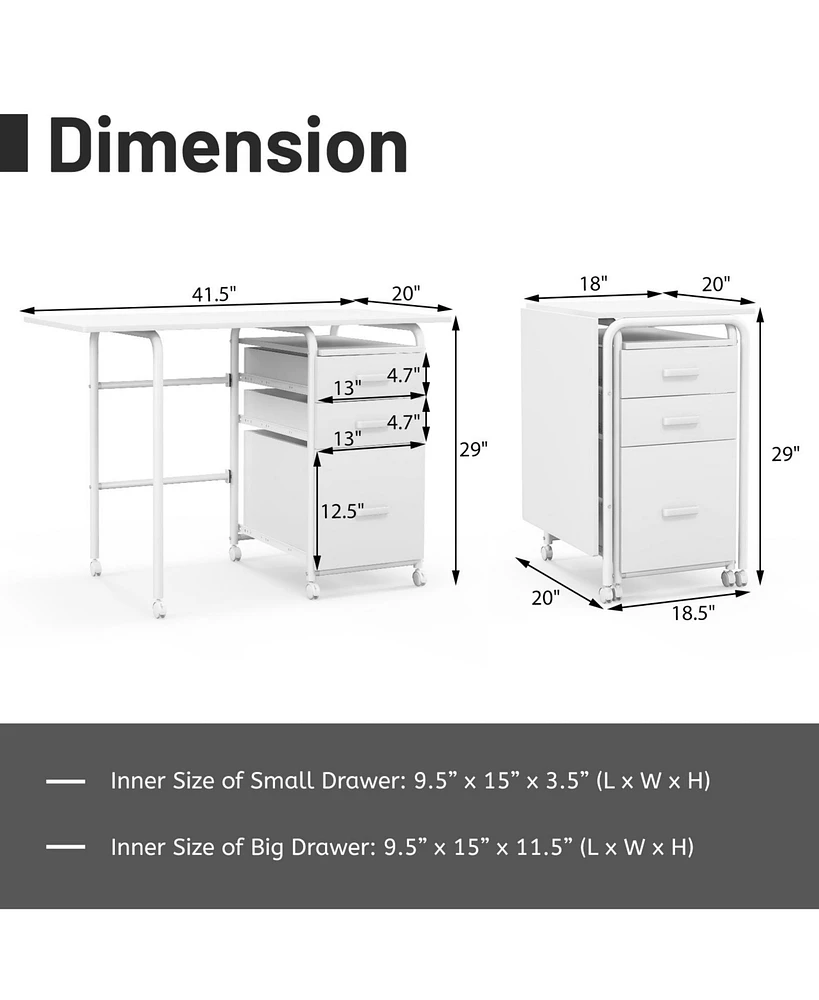 Gouun Folding Computer Desk with Wheels and 3 Drawers for Home Office and Study