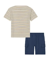 Calvin Klein Toddler and Little Boys Slub Jersey Striped Tee French Terry Cargo Shorts, 2-Piece Set