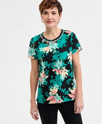 Jm Collection Women's Embellished Cotton Polished T-Shirt, Exclusively at Macys