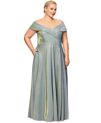 Xscape Plus Size Draped Off-The-Shoulder Metallic Gown