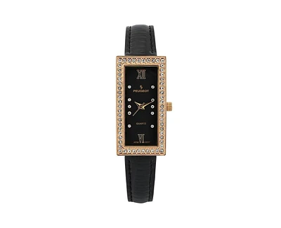 Peugeot Women's 35x20mm Crystal Bezel Watch with Glossy Black Leather Strap