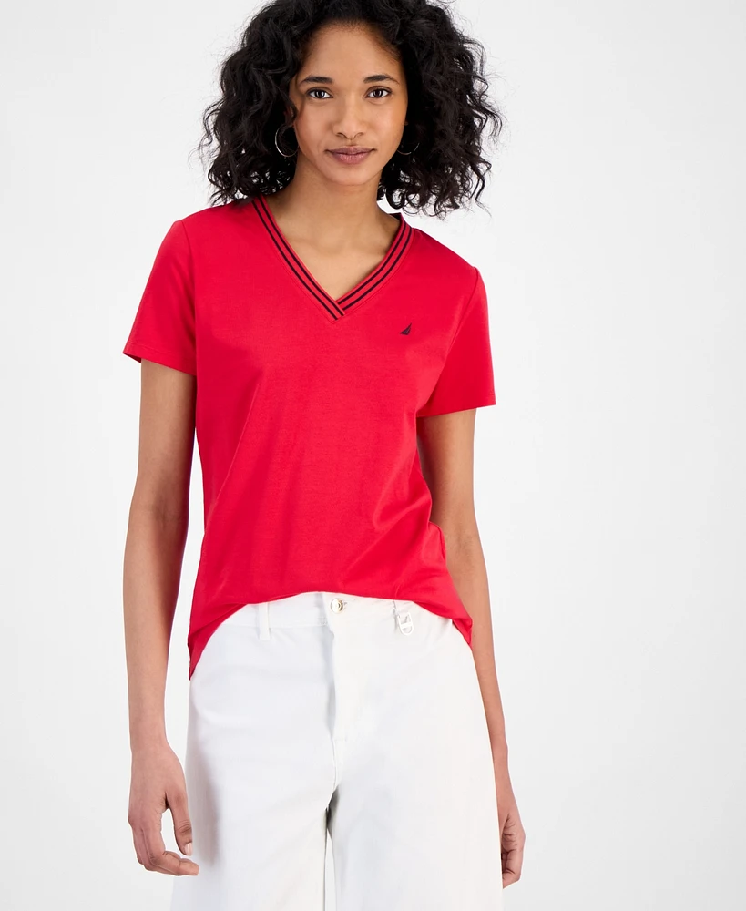 Nautica Jeans Women's Solid Stripe-Trim V-Neck