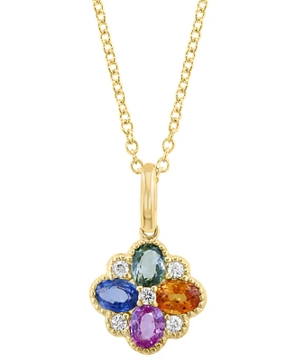 Effy Multi-Sapphire (7/8 ct. t.w.) & Diamond (1/10 ct. t.w.) Flower 18" Pendant Necklace in 14k Gold