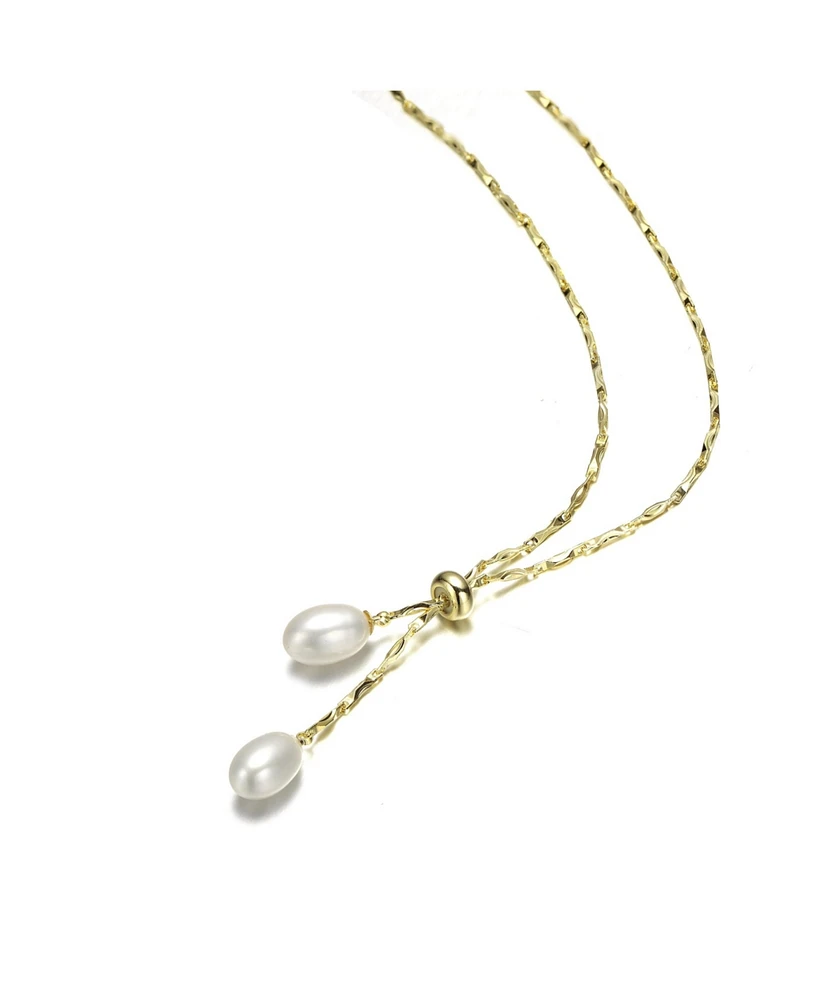 14K Gold Plated Pearl and Cubic Zirconia Y Neck Necklace