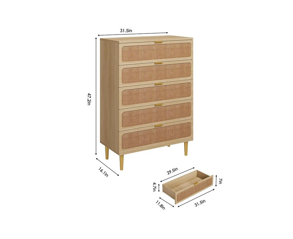 Rattan 5 Drawer Dresser for Bedroom, Tall Dresser with Deep Drawers, Large Chest of Drawers for Closet with Wide Top