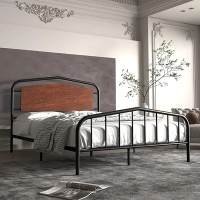 gaomon Platform Bed Frame with Wooden Headboard, Heavy Duty Metal Slats Support