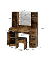 gaomon Led Lighted Vanity Desk With Mirror - Makeup Adjustable Brightness, Metal Drawers, And Open Shelves