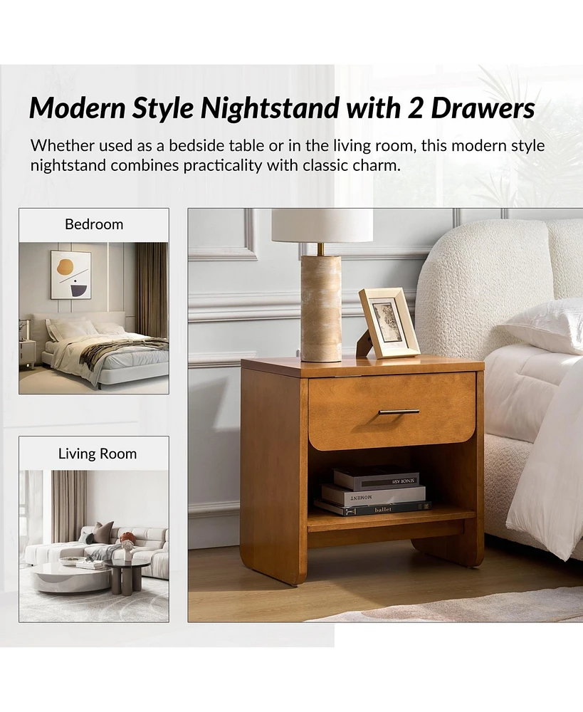 Hulala Home Zandra Modern 2-Drawer Nightstand with Built-In Outlets and Hidden Drawer