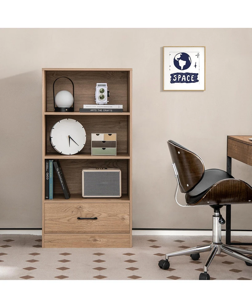 Gouun 4-Tier Storage Bookcase with Open Shelves Drawer and Anti-toppling Device