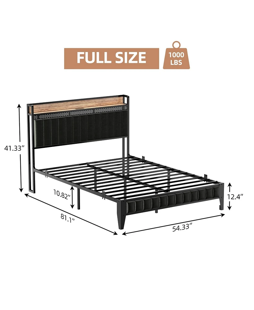 gaomon Queen Bed Frame with Charging Station, Led Bed Frame with Storage Headboard, Upholstered Platform Bed Frame