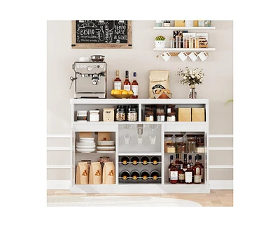 gaomon Modern Coffee Cabinet with Led Lights, White Bar Cabinet with 2 Glass Doors, Coffee Bar Cabinet with Adjustable Shelves, Wine Cabinet with Wine