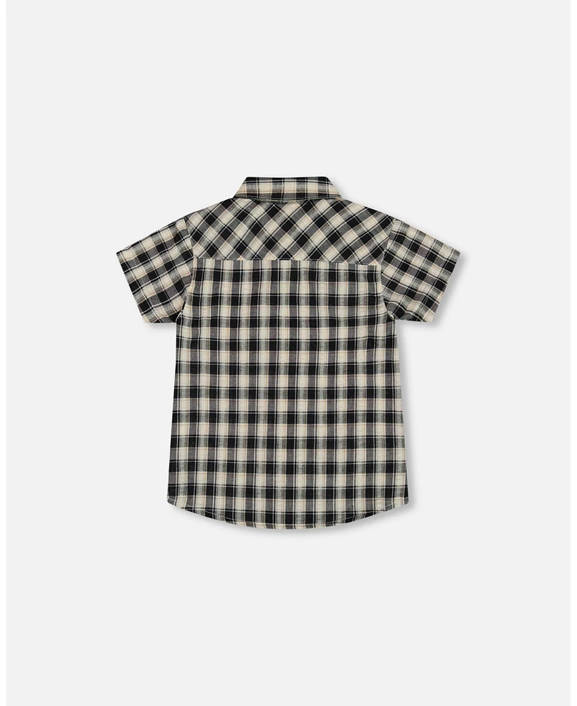 Deux par Baby Boys Short Sleeve Button Down Shirt Black And Beige Plaid