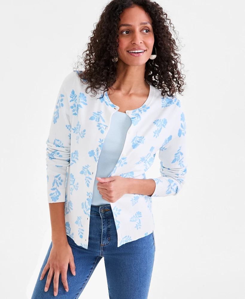 Style & Co Women's Printed Crewneck Button-Front Cardigan