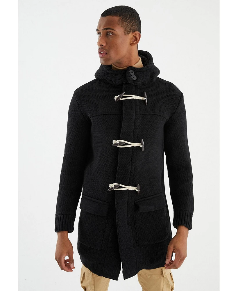 Leif Nelson Men s Long Hooded Knit Coat-Style Cardigan with Toggle Closure