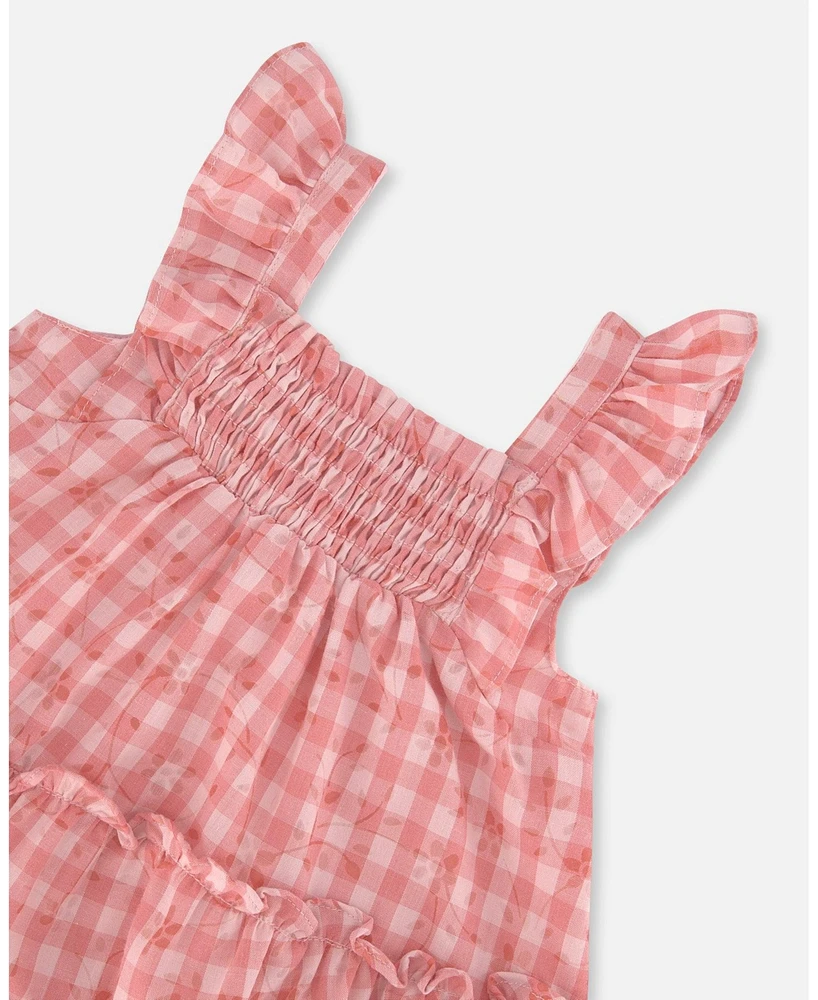 Deux par Baby Girls Smocked Layered Dress With Frill Sleeve Checked Pink