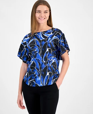 Anne Klein Women's Printed Flutter-Sleeve Boat-Neck Blouse