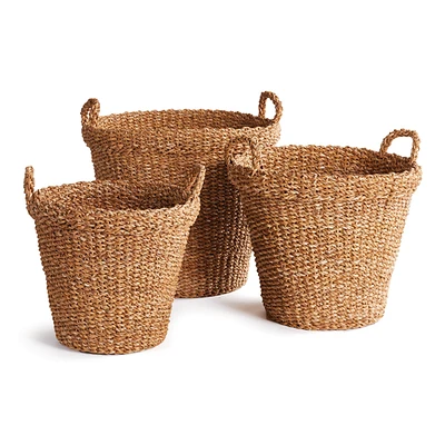 Seagrass Tapered Baskets With Handles And Cuffs Set of 3