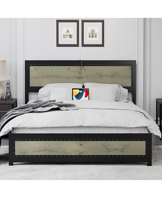 gaomon Full Size Bed Frame with Headboard, Industrial Platform Bed Frame with Charging Station