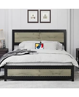 gaomon Full Size Bed Frame with Headboard, Industrial Platform Bed Frame with Charging Station