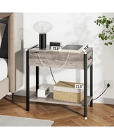 gaomon End Table with Usb Ports and Outlets, Flip Top Side Table Narrow Bedside Table with Drawer and Storage Shelves for Living Room, Rustic Grey