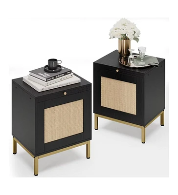 Rattan End Table, Wood Nightstand Set of 2 Side Table with Storage Shelf for Entryway, Living Room, Bedroom, Small Spaces