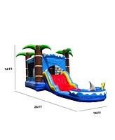 HeroKiddo Ocean Shark Commercial Grade Inflatable Bounce House Water Slide Combo with Attached Splash Pool (No Blower Included)