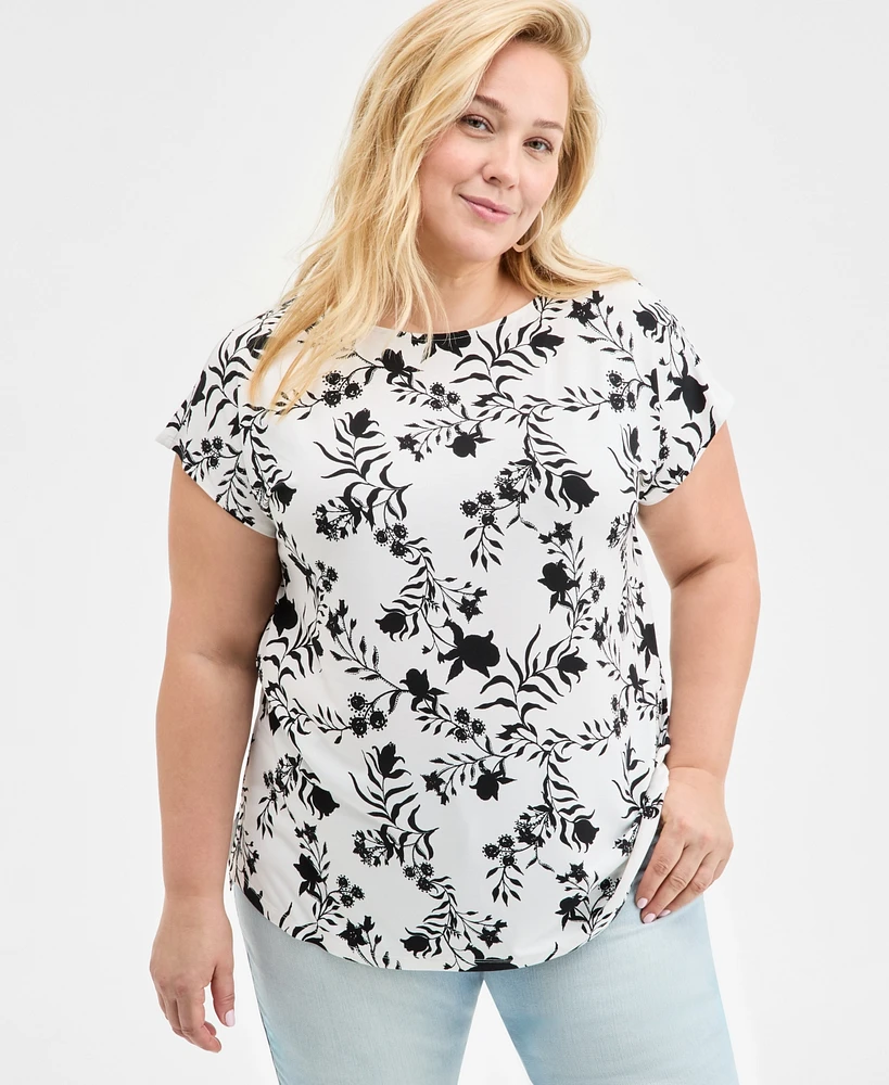 Style & Co Plus Printed Mixed-Media Relaxed Top